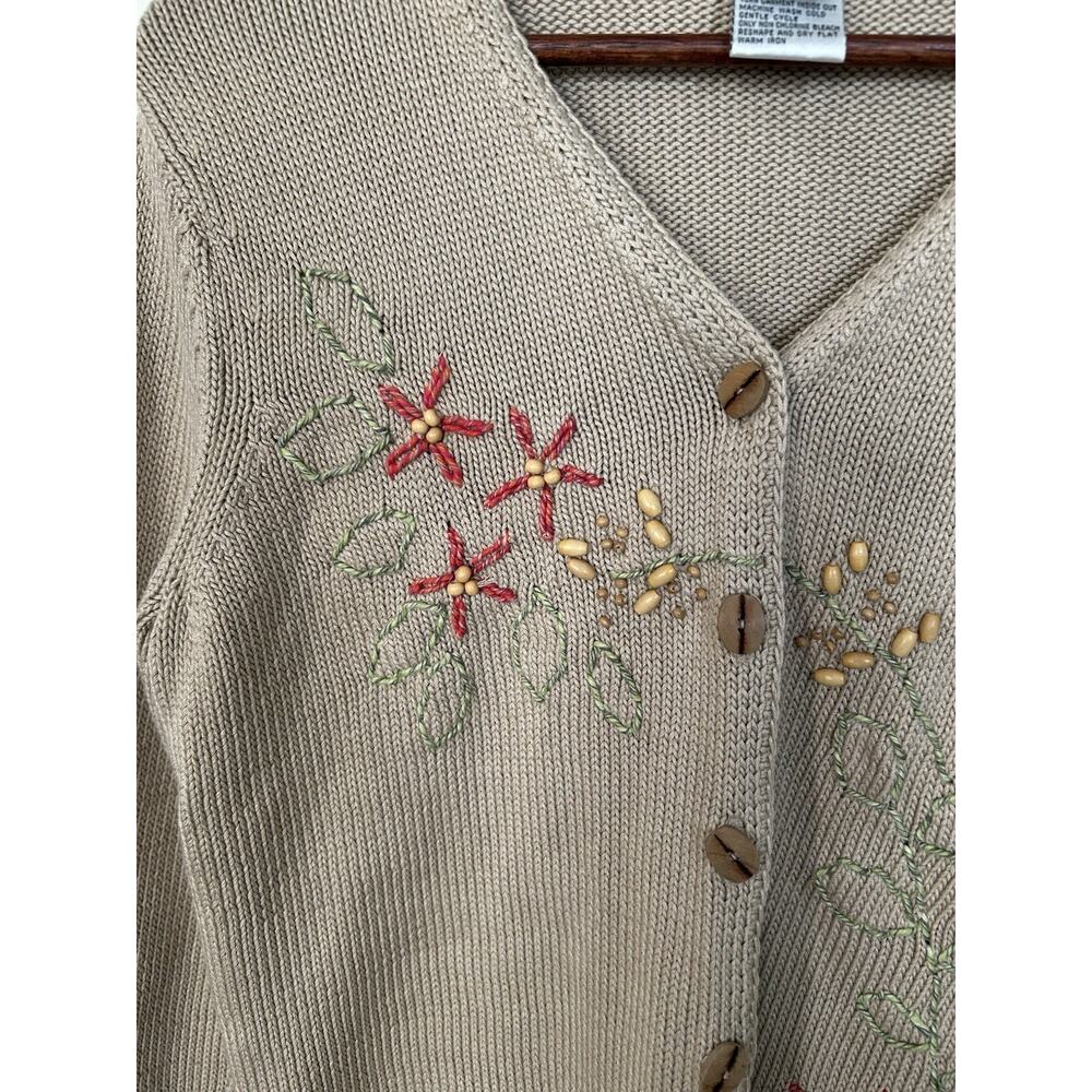 Vintage Talbots Floral Embroidered Beaded Cardigan Sweater Womens Size Med. Tan - Picture 2 of 10